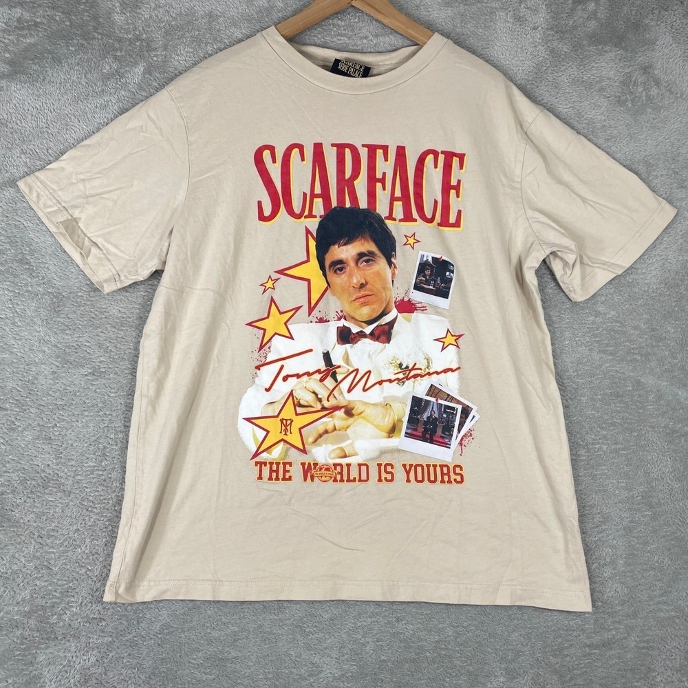 Scarface Shoe Palace Shirt Mens XL Beige Tony Montana Graphic The World Is Yours